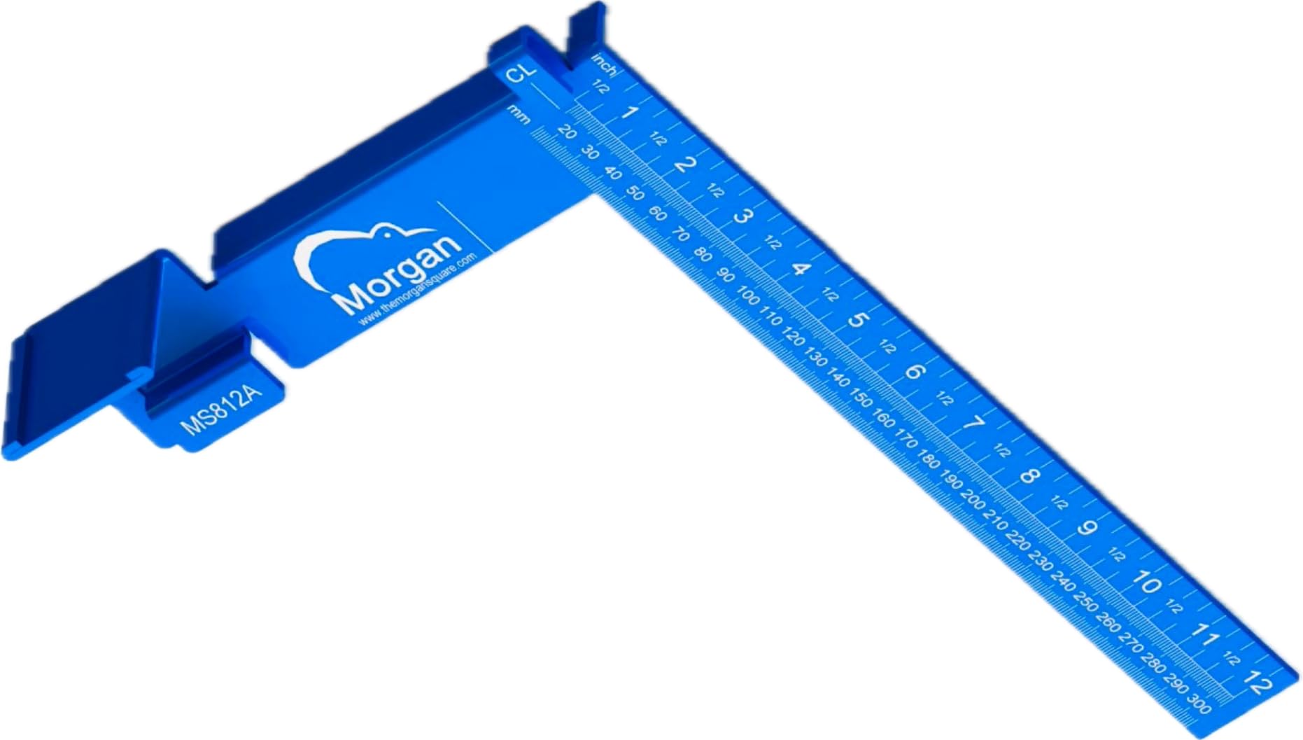 Morgan Square - Escuadra de carpintero de 8 x 12 pulgadas (aluminio azul) compatible con la mayoría de cintas métricas, medición y marcado de diseño de movimiento único, marca de línea