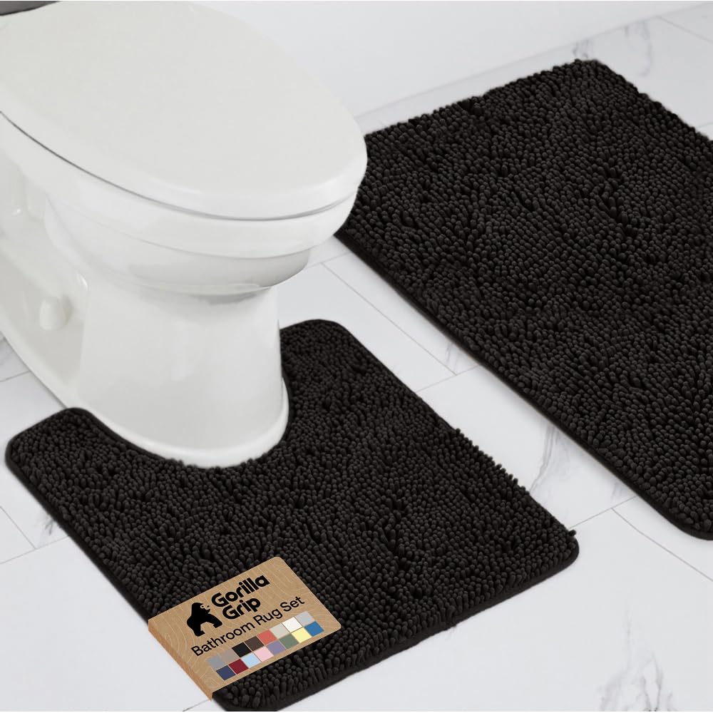 GORILLA GRIP Bathroom Area Rug Sets 2 Piece, Soft Chenille, 30x20 Black