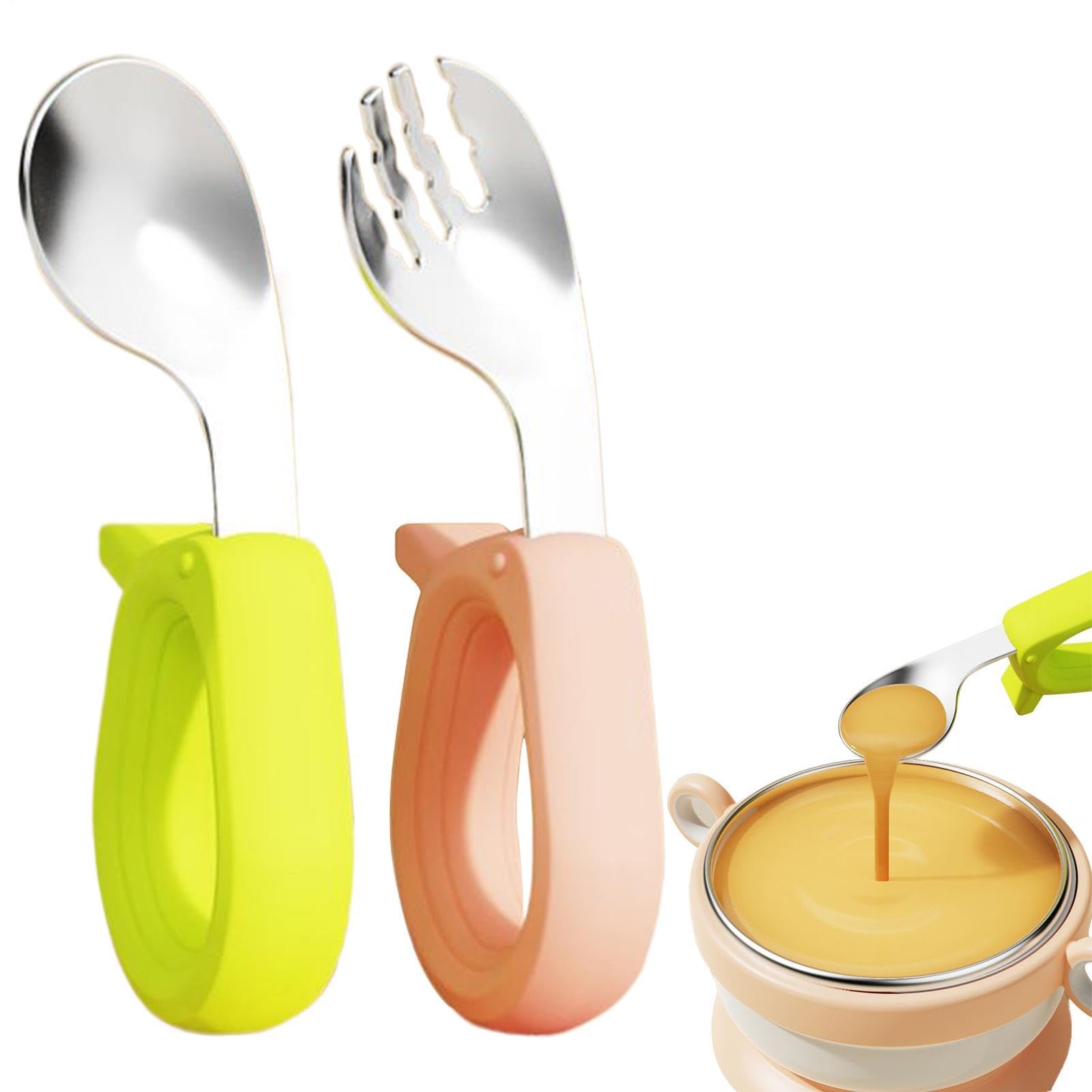 Forks and Spoons, Stainless Steel Anti-Slip Fork Spoon, Self-Feeding Cutlery with Round Handle, for Lunch, Dinner, School, Travel, Home, Daycare, Boys, Girls, 1+ Years, Road Trip — view 6