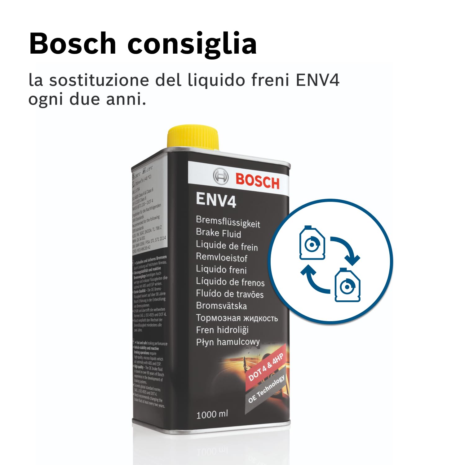 Liquido Freni Bosch ENV4, 1 L – Per tutti i veicoli moderni con freni ABS e ESP – Qualità Bosch – Compatibile con DOT 3, 4 e 4 HP/LV