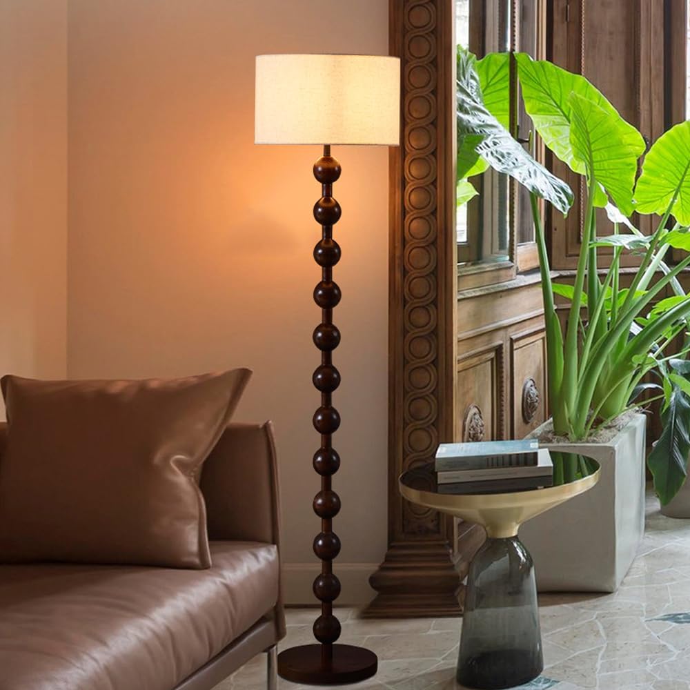 Lampadaire En Lin Wabi-sabi 63" Lampadaire En Fer À Grain De Bois Lampe Sur Pied Sphérique Couleur Noyer Avec E26 Lampe Ronde En Tissu À Intensité Variable Pour Salon Chambre
