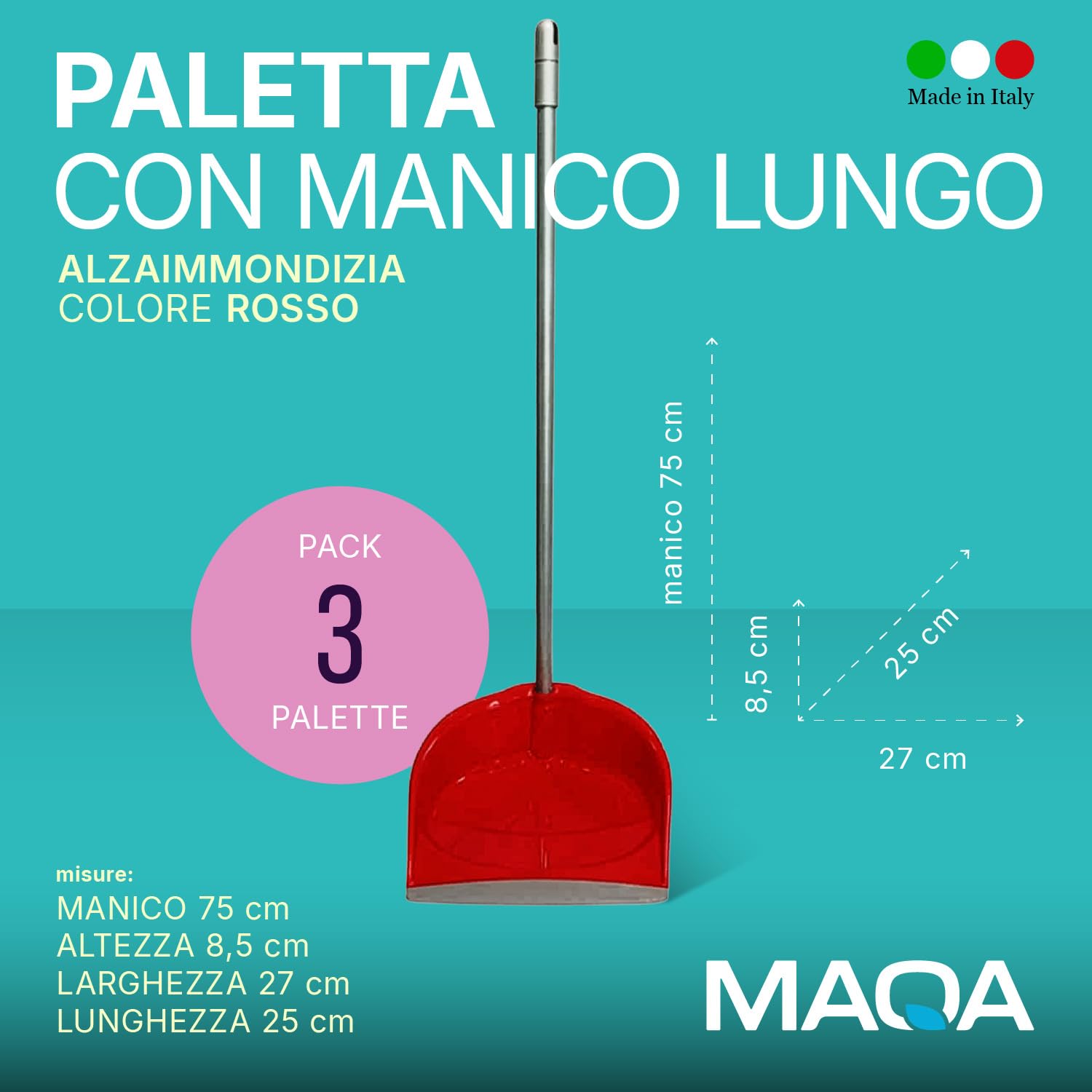MAQA - 3 pz Paletta con manico lungo in metallo 75 cm, paletta alzaimmondizia in plastica, raccogli immondizia
