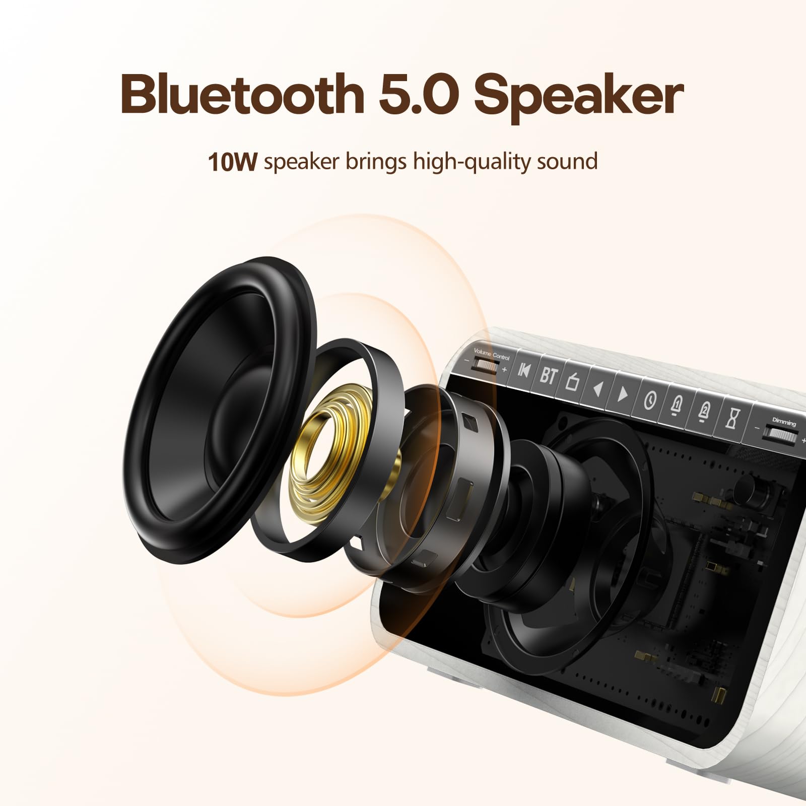 ANJANK Hölzerner Radiowecker mit Induktiver Ladestation, 10W Bluetooth-Lautsprecher, Kabellose Ladestation für iPhone/Samsung, Doppelalarm, 0-100% Dimmbares Display, Automatische Zeitsynchronisation