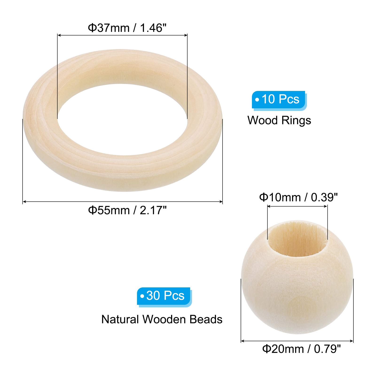 PATIKIL Natural Wood Rings and Unfinished Wooden Beads Set - Image 2