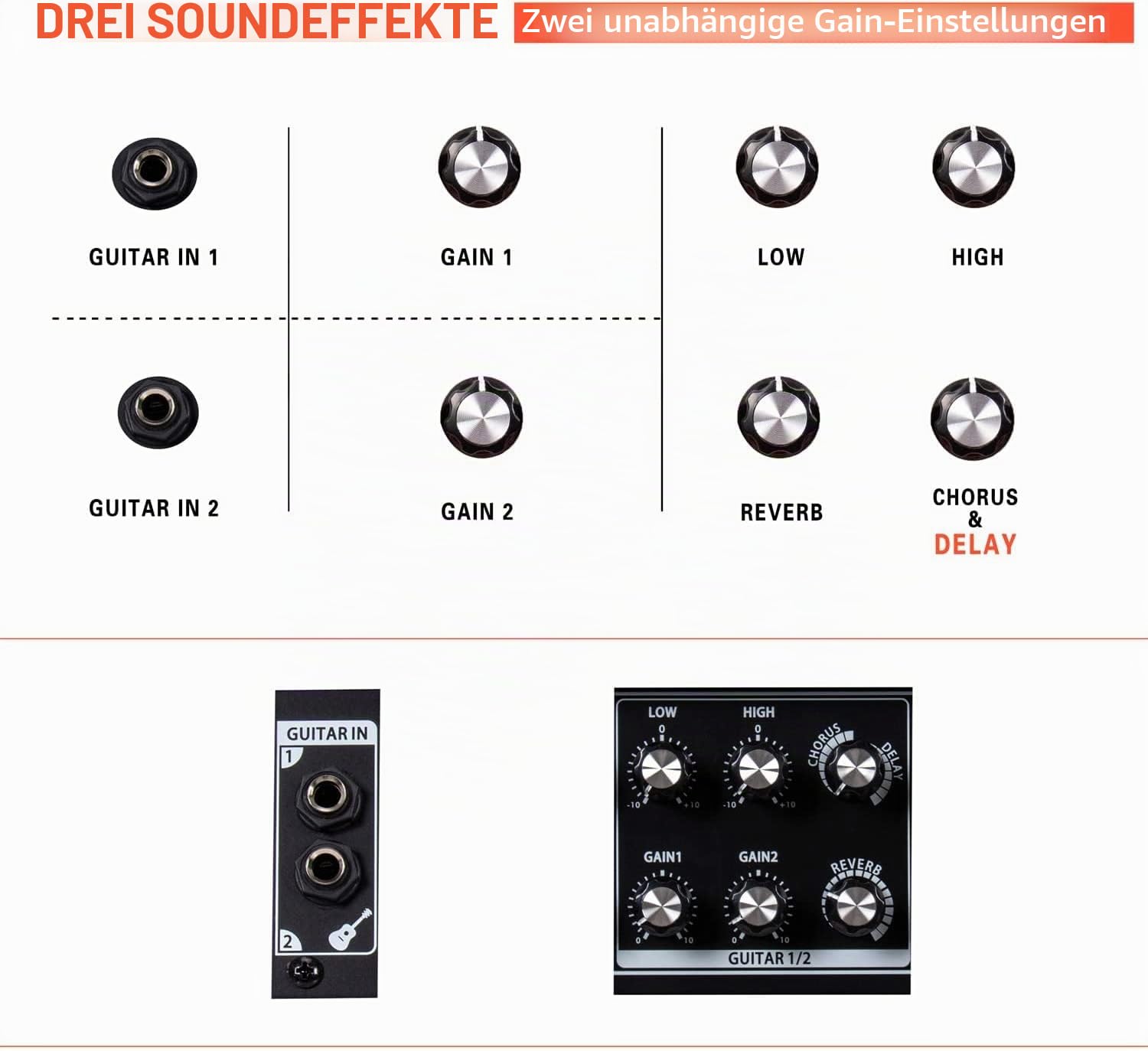 Coolmusic BP60D 60 W x 2 Lautsprecher batteriebetriebener Verstärker für Akustikgitarre, tragbarer Bluetooth-Lautsprecher mit Reverb Chorus Delay-Effekt, 7 Eingänge
