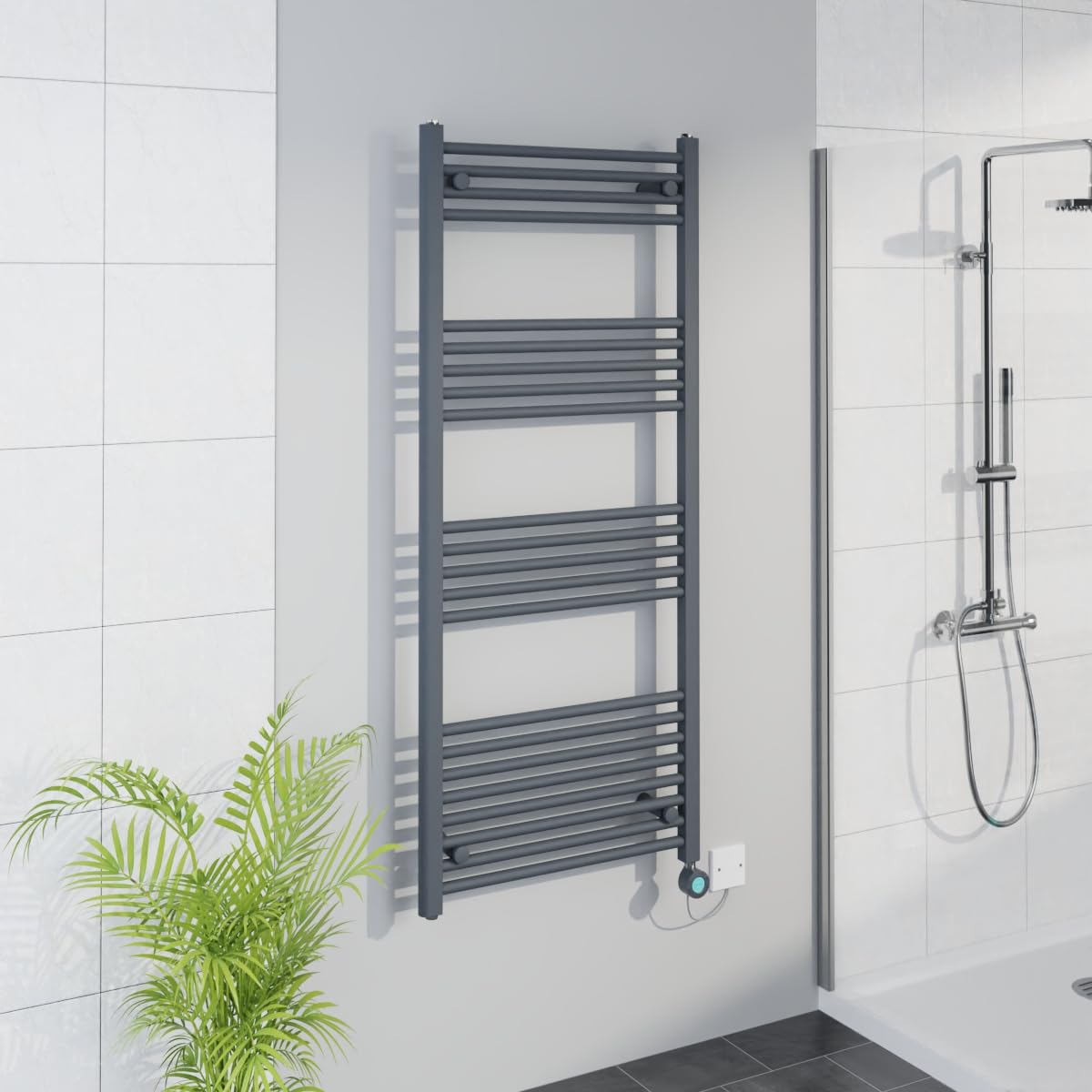Warmehaus Anthracite Smart Wifi Thermostatic Electric Bathroom Straight Heated Towel Rail Warmer Radiator With Timer 1400X600mm