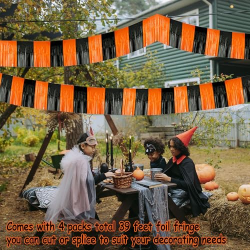 Image of 4 Packs Total 39 Feet Halloween Parade Floats for Trailer Car, Black Orange Foil Fringe Garland Tinsel Streamers Banner Table Skirts for Halloween Dia De Los Muertos Homecoming Birthday Party