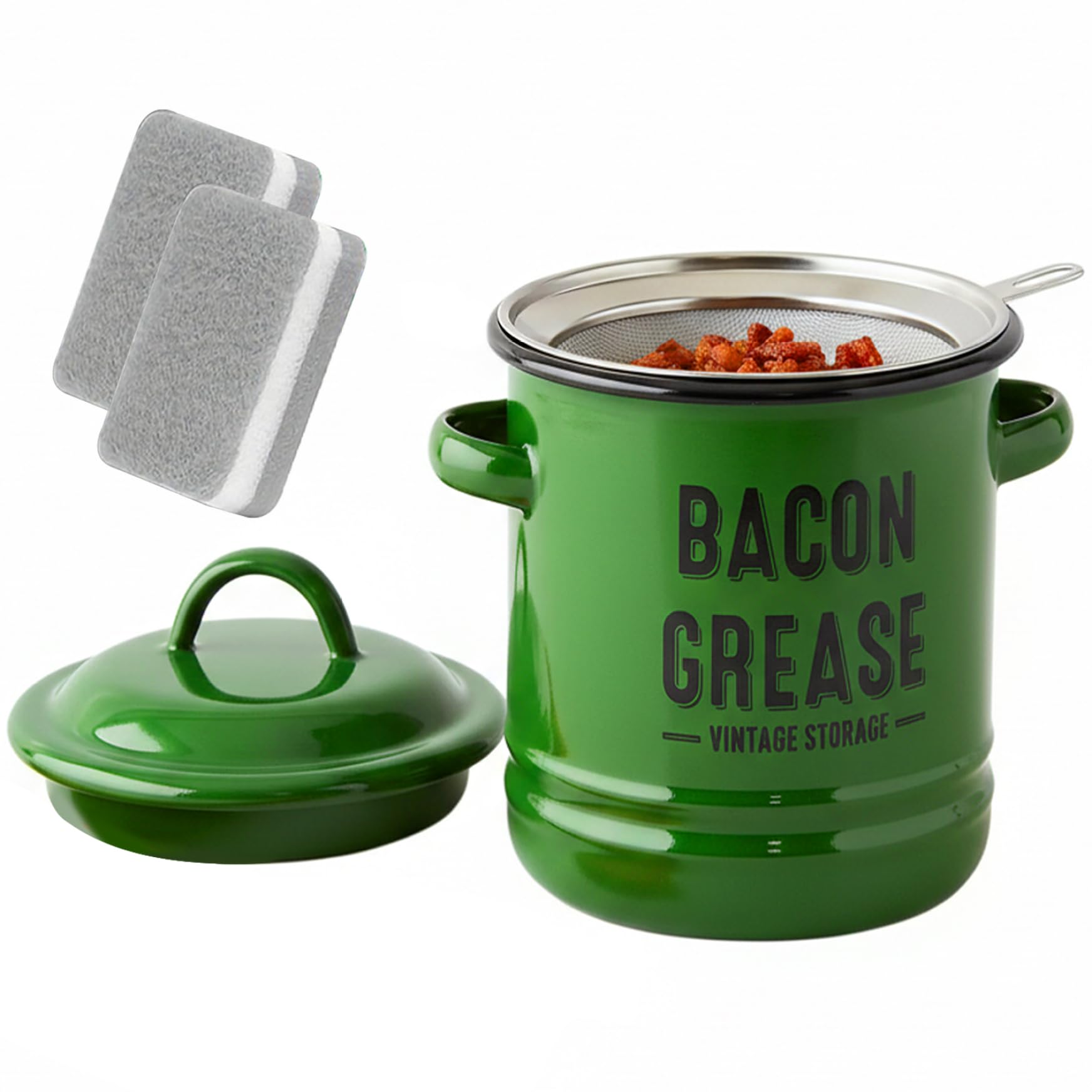 Tsawntd Bacon Grease Container Enamel Bacon Grease Saver with Strainer & Spatula Oil Can for Cooking Frying, Baking, Fat Storage Jar, Dishwasher Safe Green Container for Kitchen