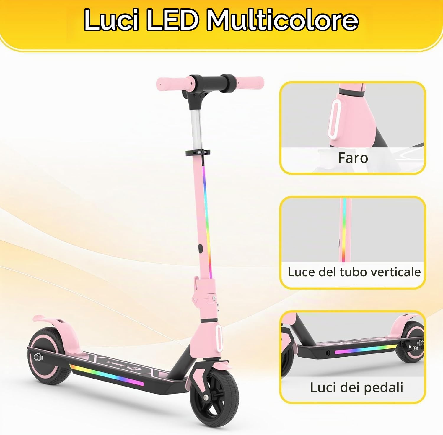 E-RIDES Monopattino Elettrico Bambini, Manubrio Regolabile 86-99cm, Motore 130W 3 Velocità 8-14 km/h, Autonomia fino a 8km, Display LED & Luci, Pneumatici 6,5" Pieni, per Bambini 3-12 Anni​ (Rosa)