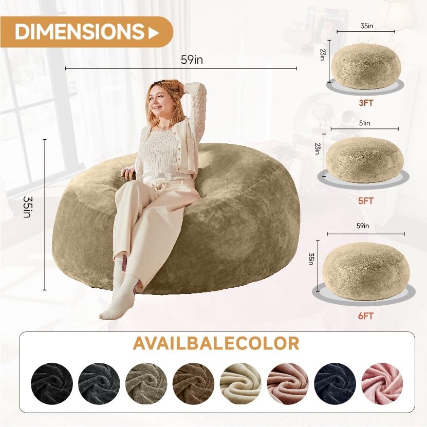 Image of Bean Bag Chair with Plush Faux Fur Cover with Removable CoverBig Bean Bag Chair for Living Room Bedroom (Apricot, 6FT)