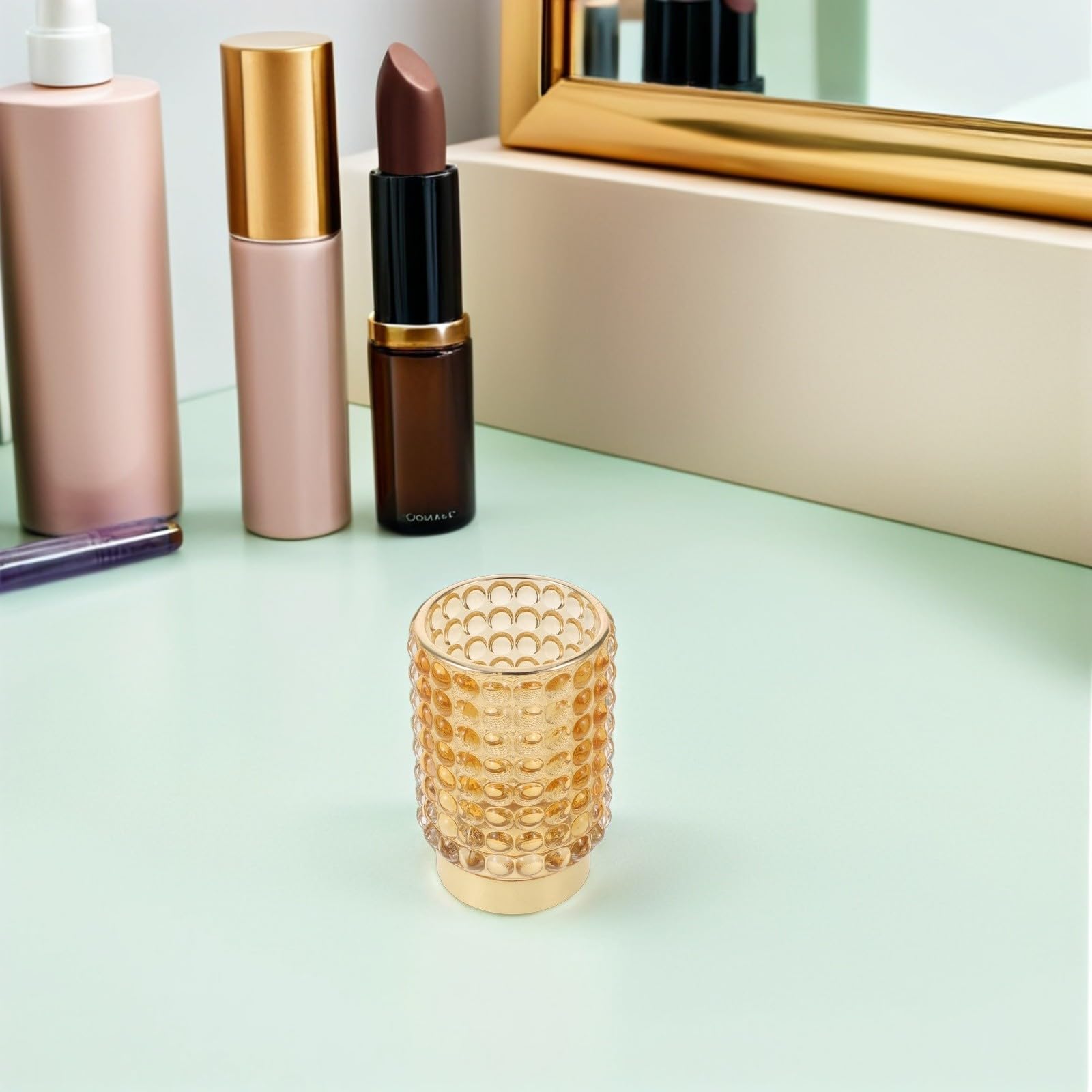 INOOMP Porta Pennelli da Trucco in Vetro Tondo con Perline, Contenitore Trasparente Raffinato per Organizzare Pennelli con Visibilità Chiara, per Area Trucco DIY