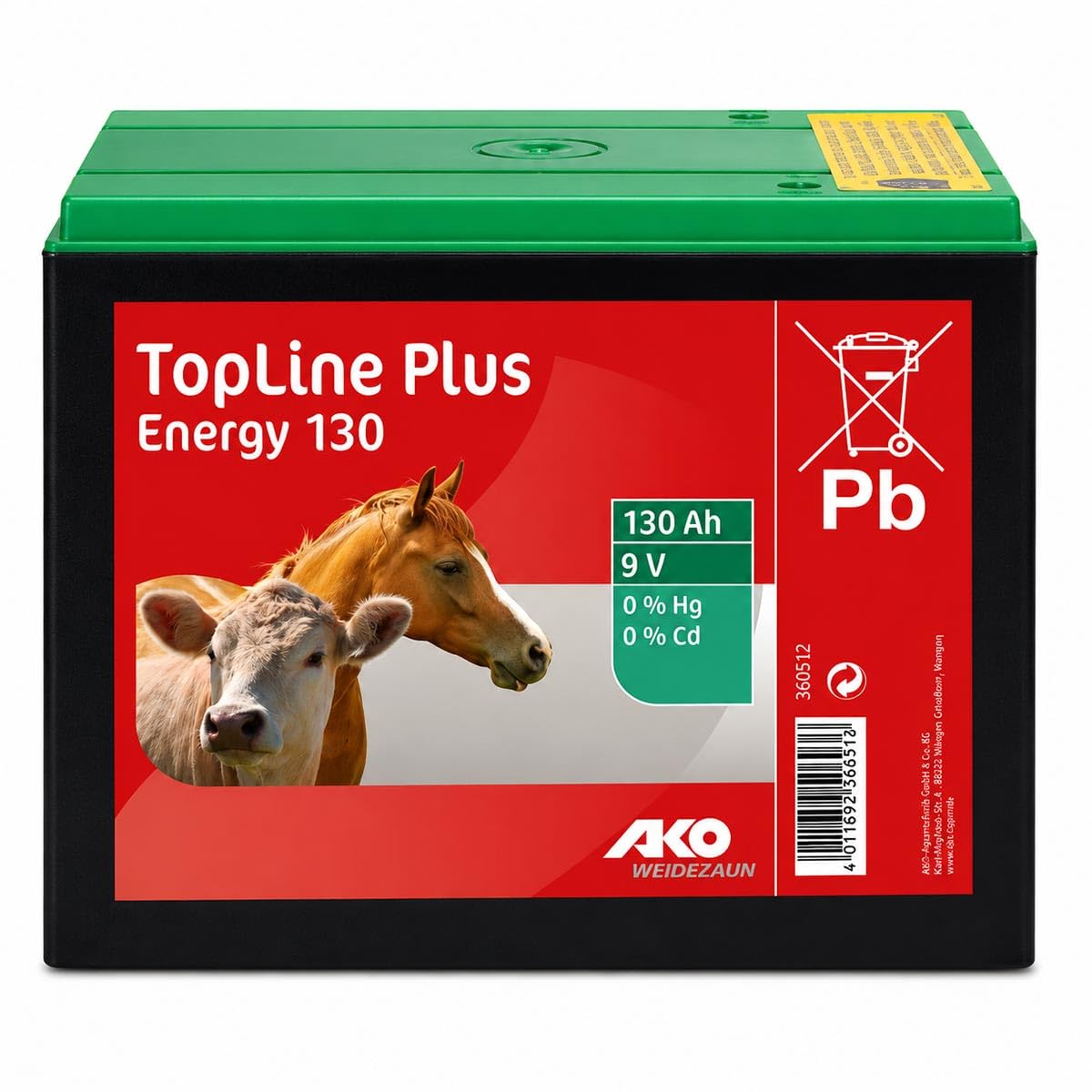 AKO Alkaline Trockenbatterie 9 Volt, 170 Ah, Weidezaunbatterie, 190 x 125 x 160 mm, kadmiumfrei, quecksilberfrei, 350528
