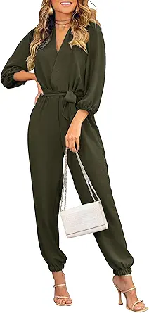 PRETTYGARDEN Women's Fall Jumpsuits Dressy Casual Pants Romper Spring Long Sleeve V Neck Belt Pockets One Piece Outfits
