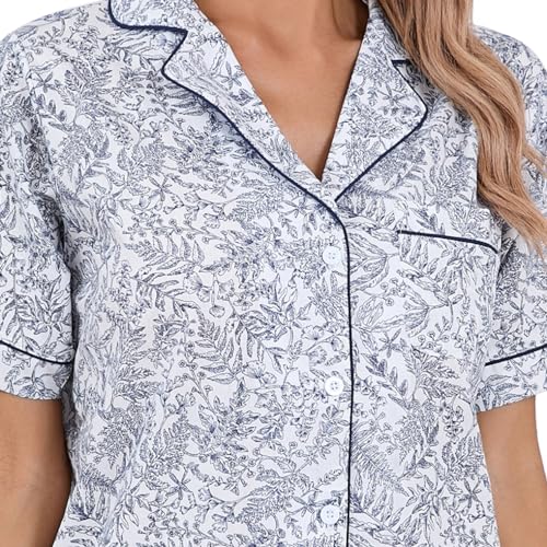 Image of LUBOT 100% Cotton Pajamas for Women 2 Piece PJ Set Poplin Woven Lightweight Ladies Button Short Sleeve Sleepwear S-XXL