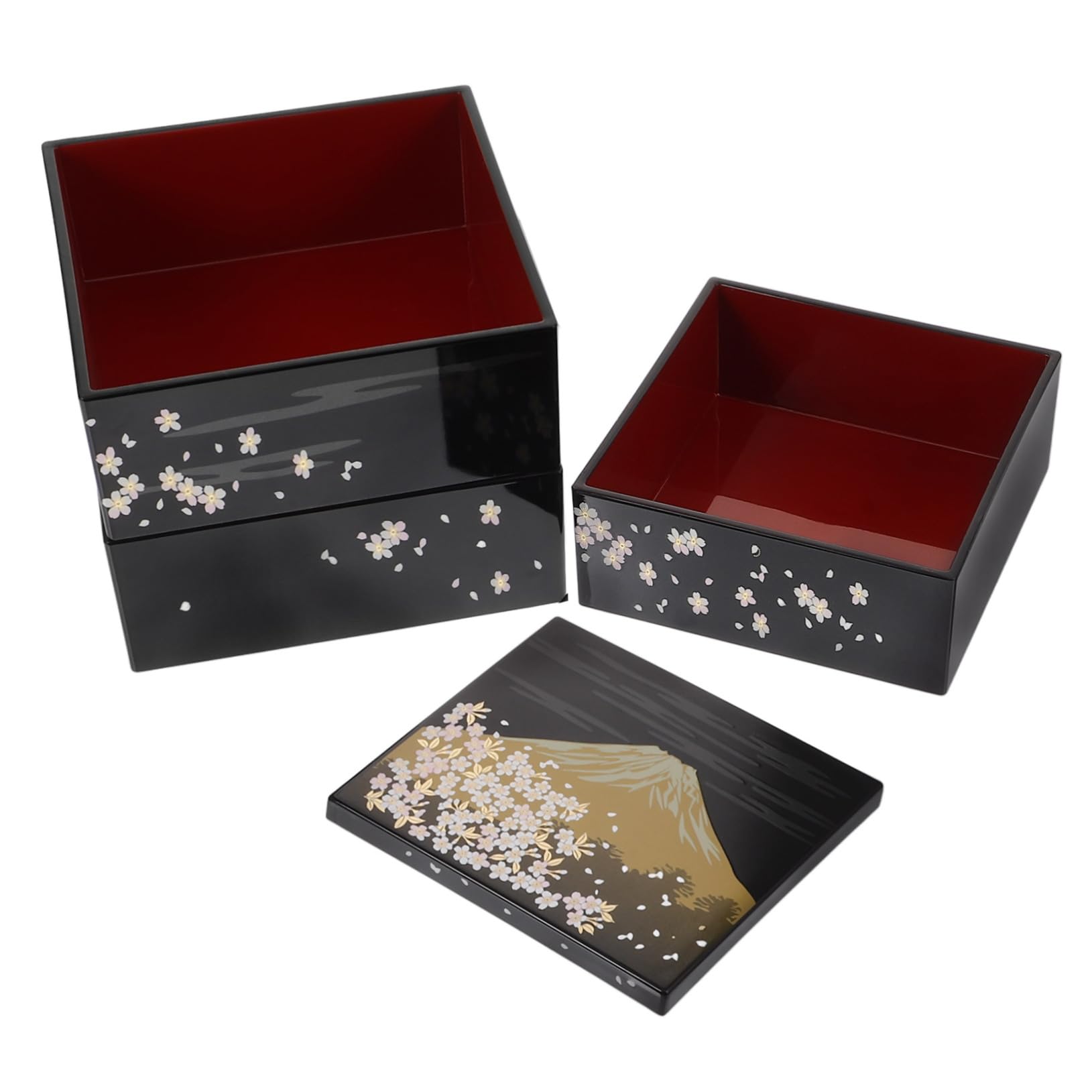 Boîte à Bento Japonaise Traditionnelle 3 Niveaux, Motif Mont Fuji, Plastique Noir, Réutilisable, pour Sushi et Desserts, Usage à Domicile