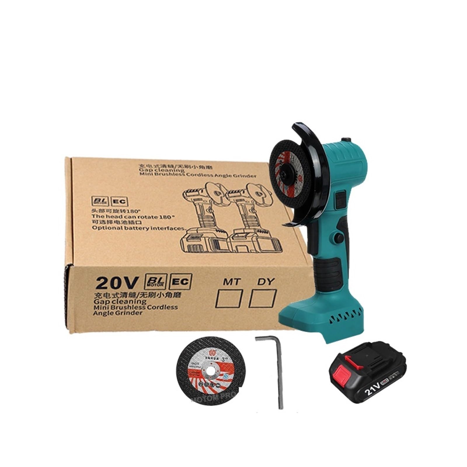 LNHHG 21V Brushless Mini Electric Angle Grinder Rechargeable 180° Rotation Polishing Machine for 18V Battery(1 Battery)