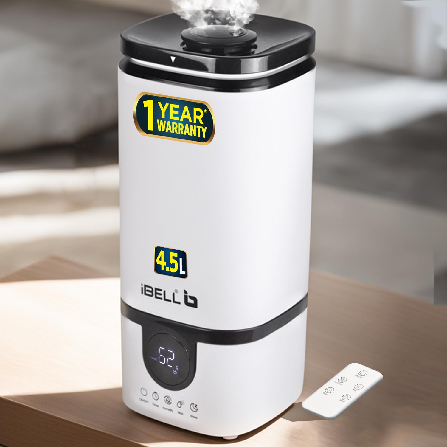 iBELL Humidifier for room with Remote, Digital display, 4.5L, Ultrasonic, Adjustable Mist Output, Super Quiet 360° Nozzle, Lasts Up To 24 Hrs, Essential Oil Diffuser, HU450RB (White) (B0BFB5LSM3) Amazon Price History, Amazon Price Tracker