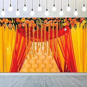 YongFoto 5x3ft Indian Traditional Backdrop for Decoration Hindu Indian Wedding Background Flower Garland Yellow Tulle Curtain Anniversary Backdrop Bridal Shower Banner Baby Shower Backdrop