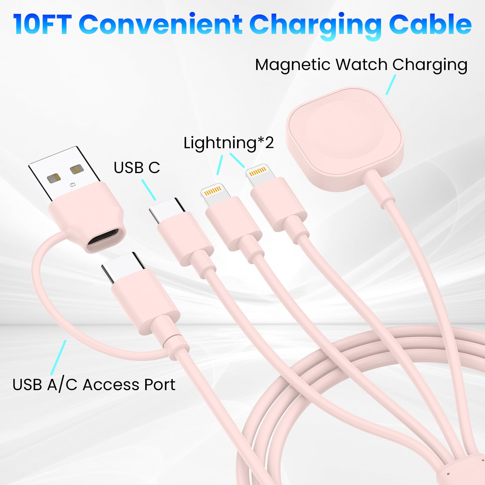 6in1 Multi Charging Cable 10FT, Magnetic Charger for Apple Watch Ultra/SE/9/8/7/6/5/4/3/2/1, Multiple Charger Cord for iPhone 15/14/13/12/11/Galaxy/Pixel, Pink USB A/C Universal Travel Charger