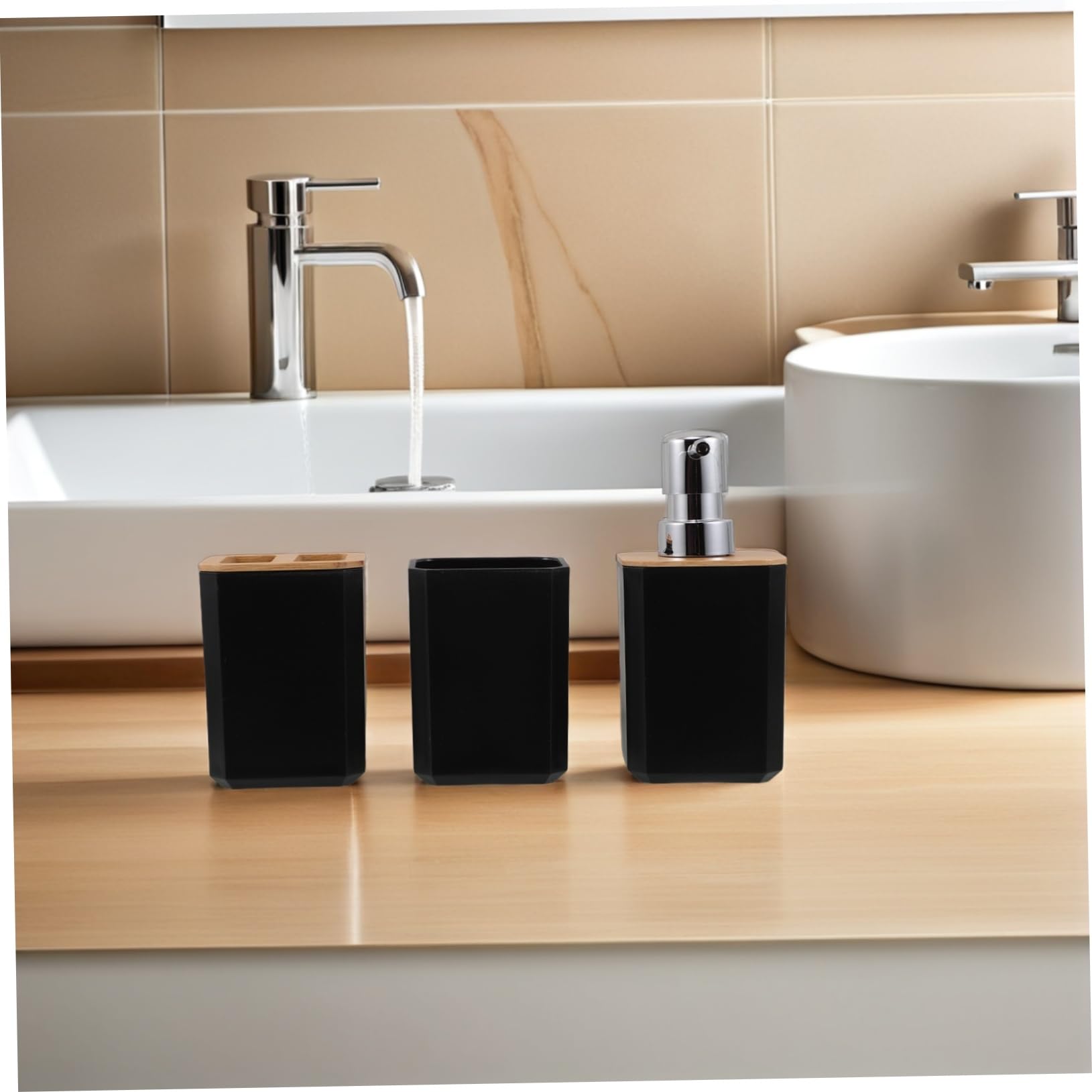 Cabilock Baño Dispensador de Jabón y Accesorios para Baño de Bambú Incluye Soporte para Cepillo de Dientes Bandeja de Jabón y Vaso de Casa o Hotel Juego de Accesorios