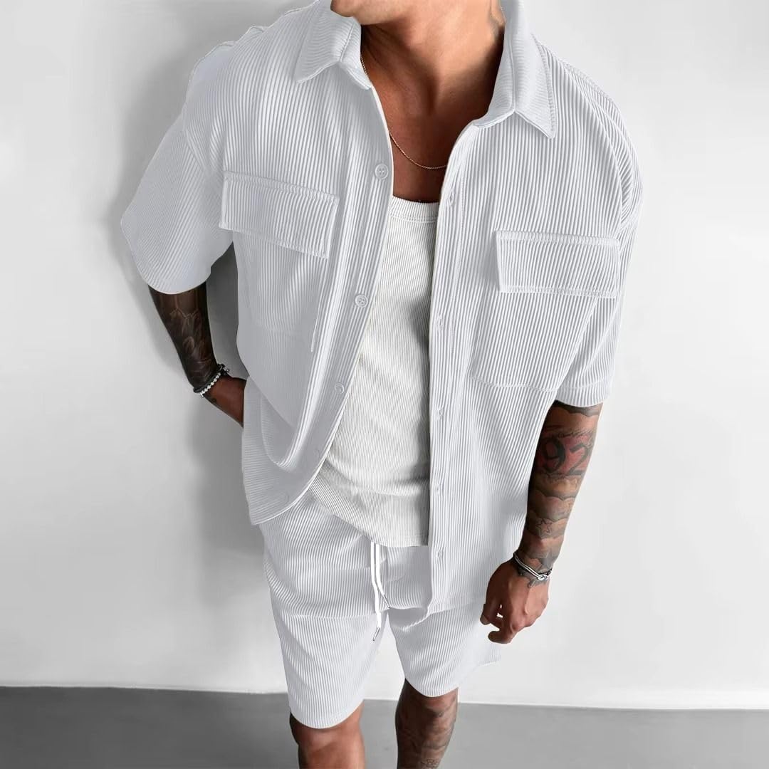 Set da uomo pantaloncini multi tasca, camicia larga e pantaloncini estate