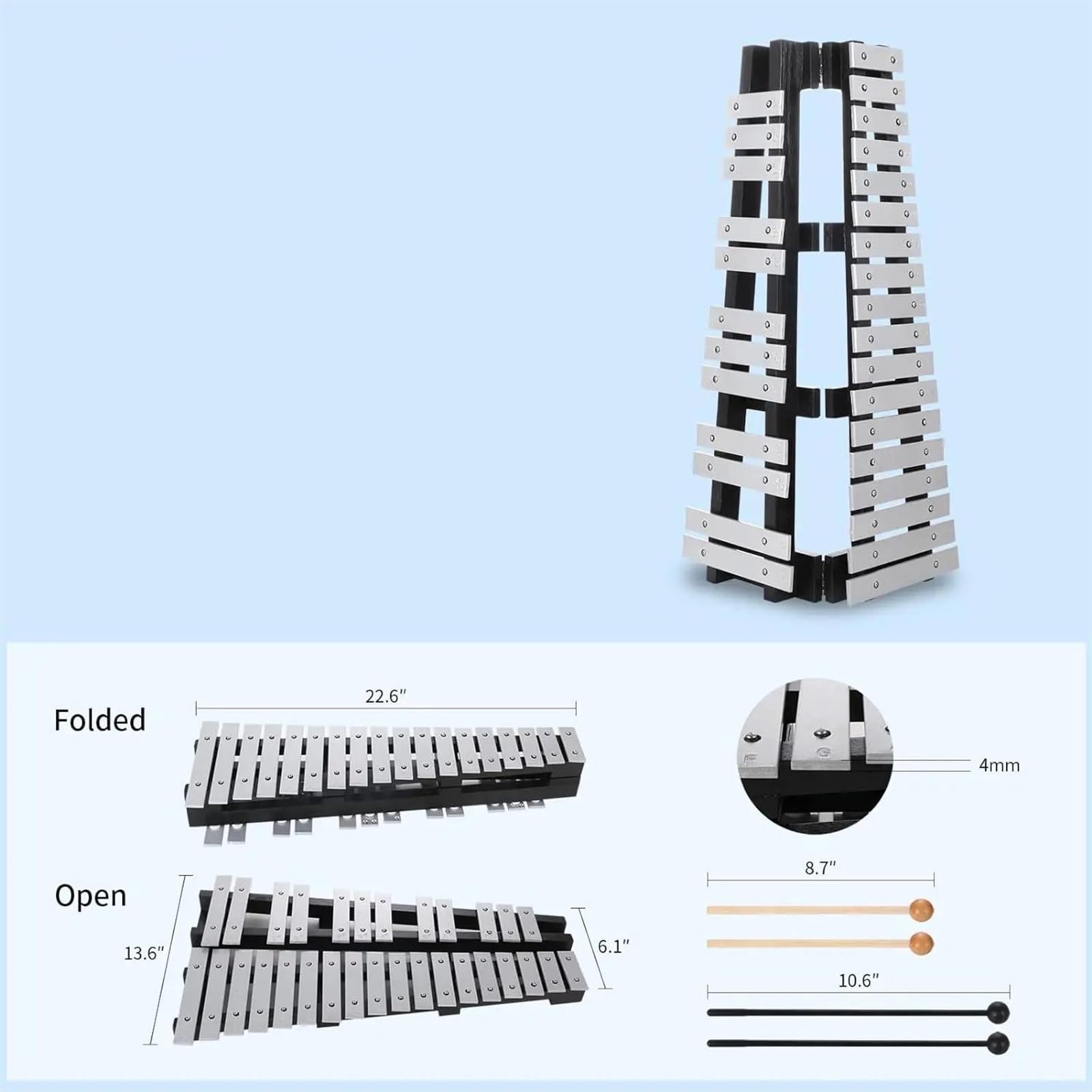 DABAUR Glockenspiel 30 Note Foldable Aluminum Soundboard Glockenspiel Xylophone Percussion Kit