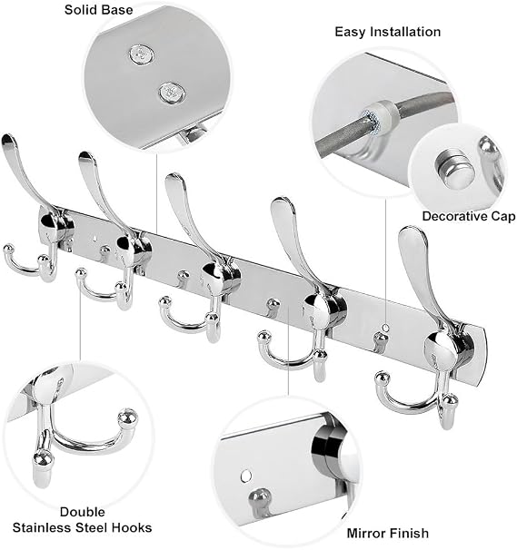 Wall Mount Coat Hook, 2 Pack 15 Hooks Stainless Steel Wall Coat Hangers Rack Durable Robe Hat Clothes Hooks
