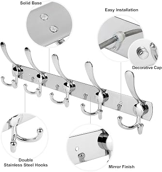 Wall Mount Coat Hook, 2 Pack 15 Hooks Stainless Steel Wall Coat Hangers Rack Durable Robe Hat Clothes Hooks