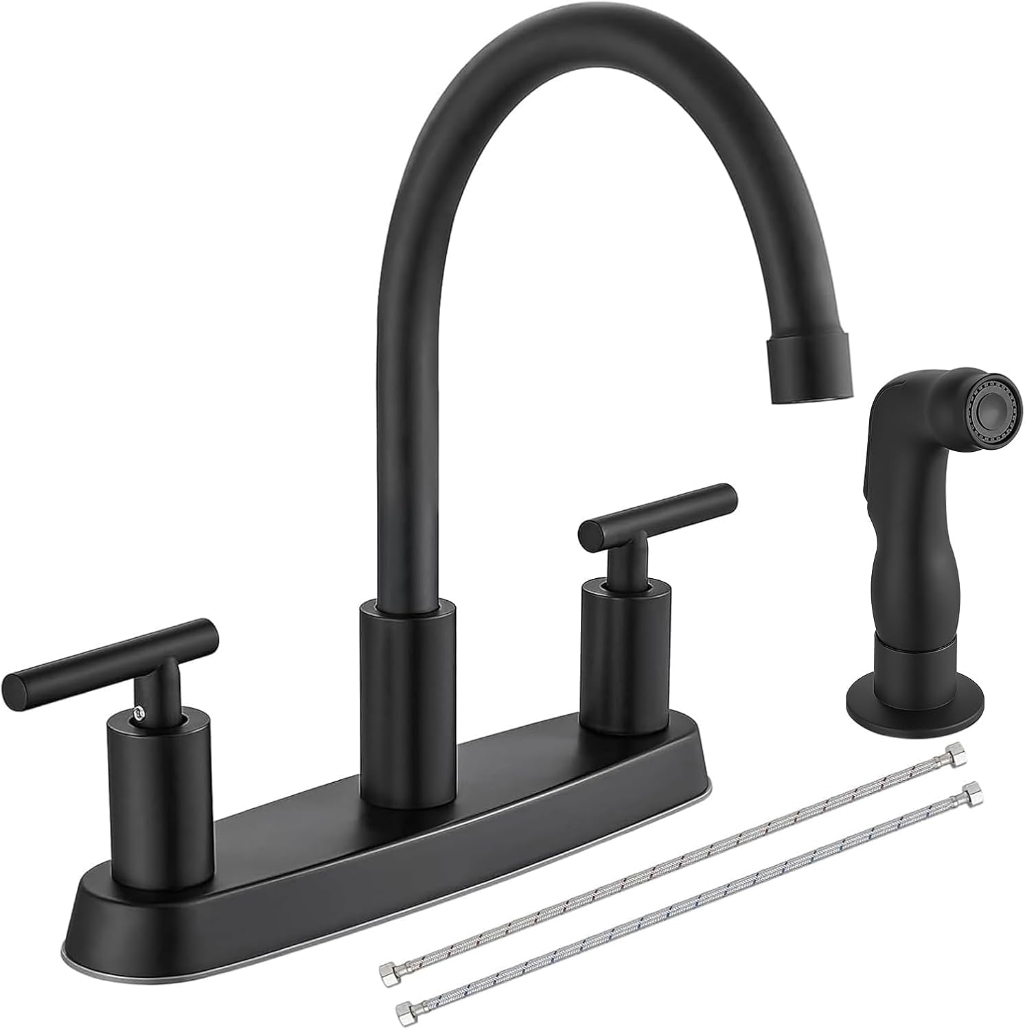Kitchen Faucets, High Arc 360°Rotating Spout Kitchen Sink Faucet, 2 Handle 8 Inch Centerset RV Kitchen Faucet with Supply Lines, 3 or 4 Hole Kitchen Faucet with Side Sprayer, Matte Black