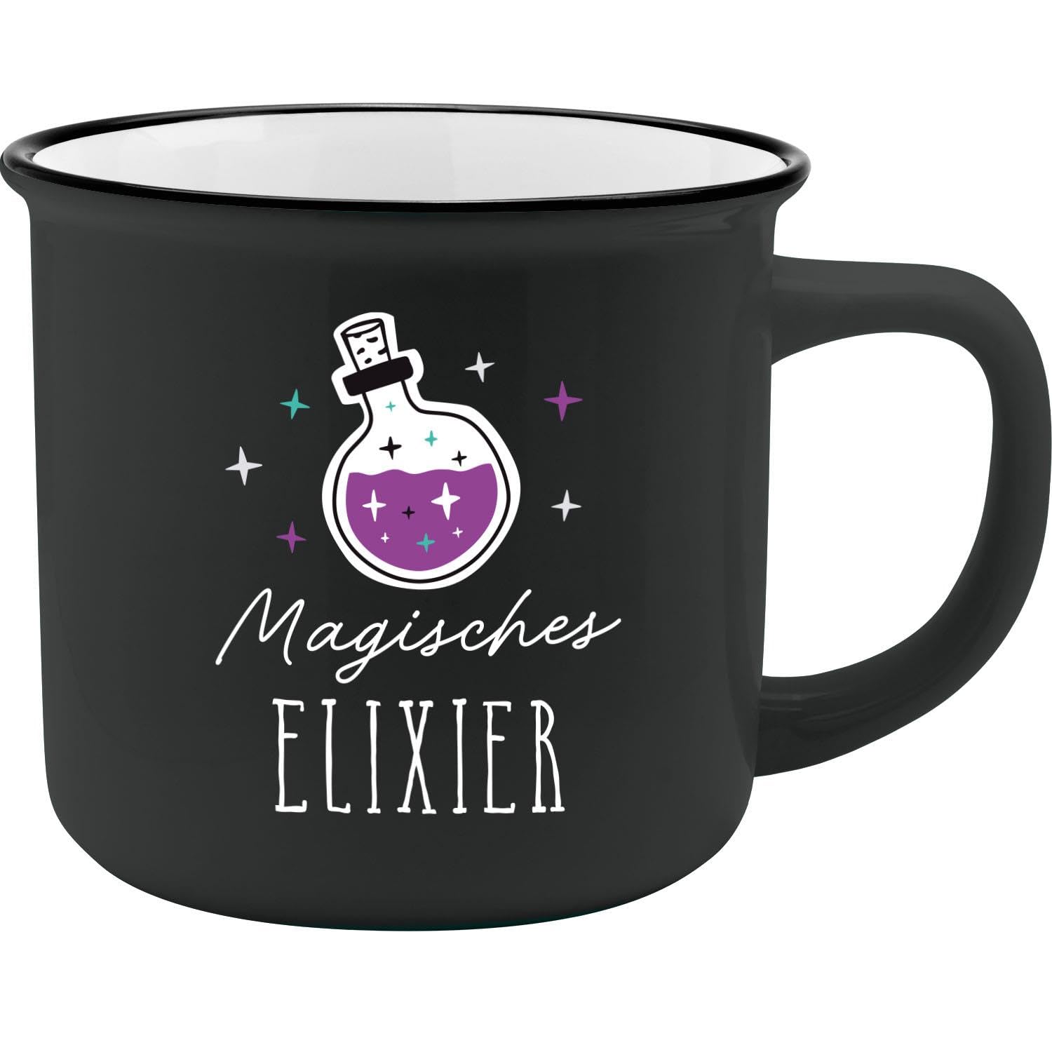 GRUSS & CO Becher mit Motiv "Elexier" | New Bone China Porzellan, Emaille-Optik, 35 cl | Lustiges Geschenk, Frühstück | 73913