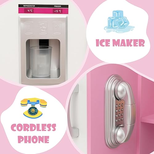 Miniatura 3 de KOTEK Juego de cocina con luces y sonidos, juego de cocina de madera para niños pequeños con máquina de hielo, lavadora, 16 accesorios y estufa,