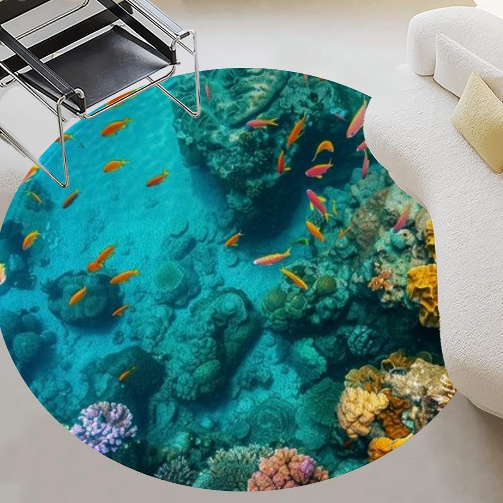 Round Rug 4ft Circle Area Rug Vibrant Coral Reef teeming Marine Life and Clear Turquoise Waters Carpet Washable Small Round Rugs for Bedroom Aesthetic