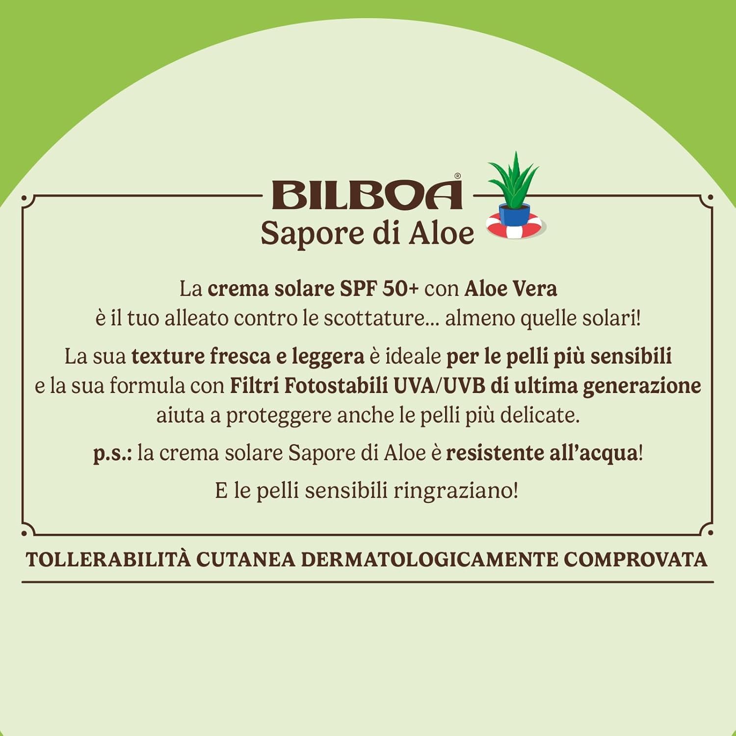 Bilboa, Sapore di Aloe, Crema Solare Viso SPF 50+, Formato Viaggio, con Profumo di Aloe Vera, Ideale per Pelli Sensibili, Texture Fresca e Leggera, Resistente all’Acqua, 40 ml