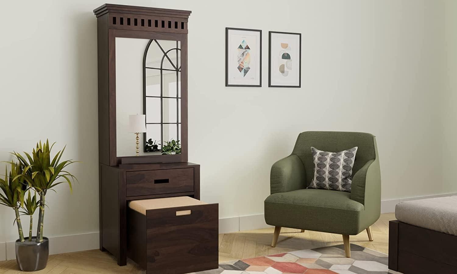 Wood Dressing Table with Mirror and Storage, Dressing Table Bedroom Furniture, Dressing with Drawer and Shelve, Makeup Vanity Dressing Table,Wooden Dressing Table,Walnut Finish-image-11