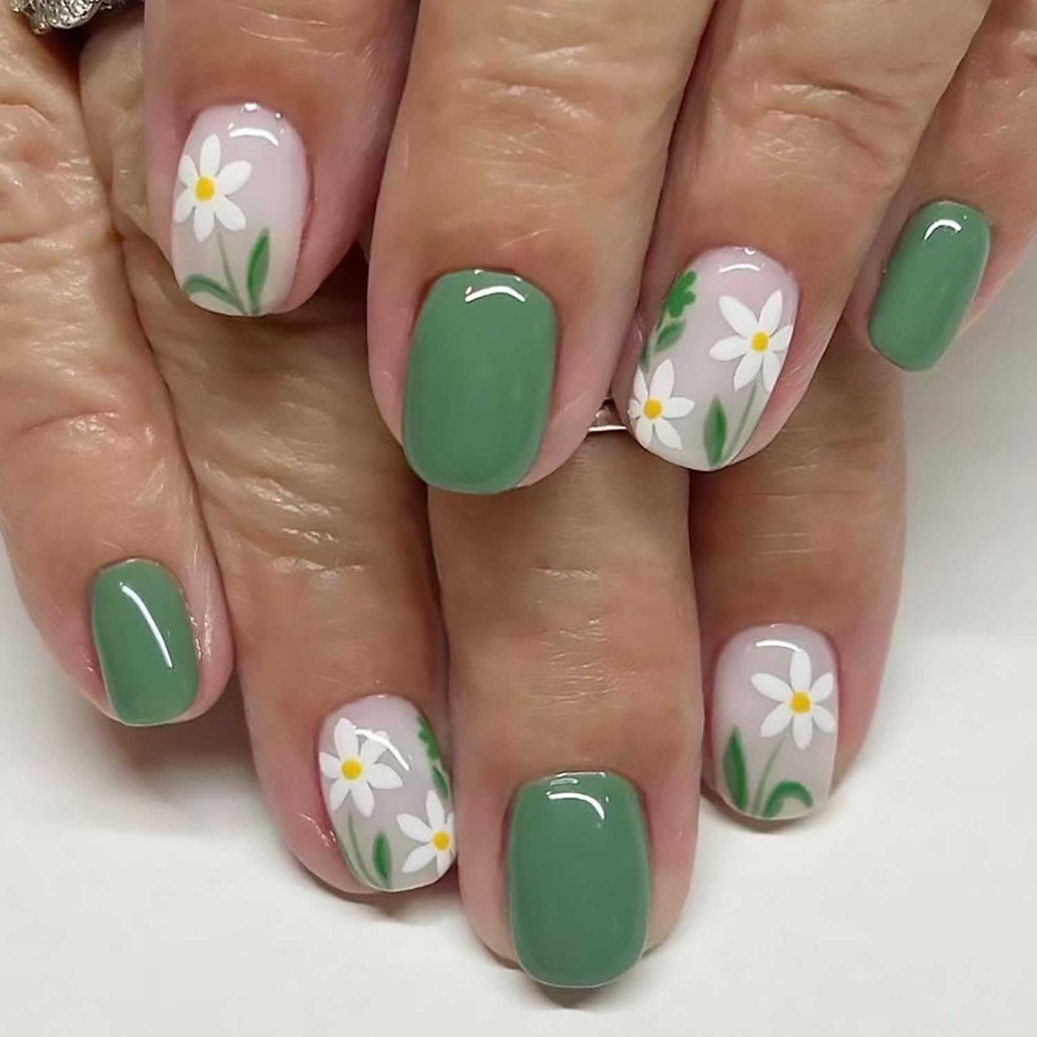 Flowers Press on Nails Short Square Fake Nails With Designs Light Green False Nails Full Cover Glossy Acrylic Stick on Nail for Women Spring Summer
