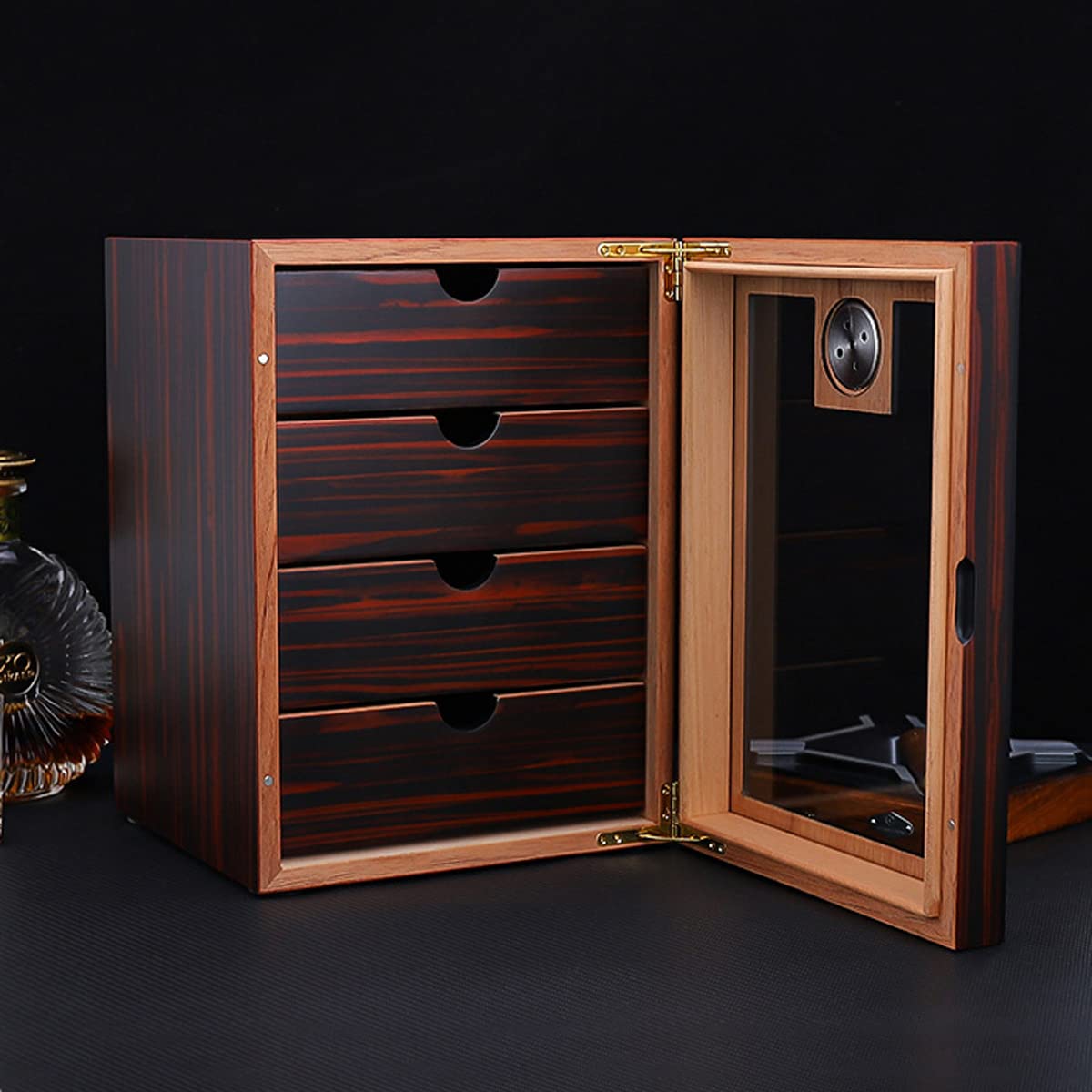 DOCIM Woodronic Zigarren-Humidor-Schrank mit digitalem Hygrometer, Zedernholz, gefüttert, Humidor, 4 Schubladen, Zigarrenbox, Humidor, mattschwarz