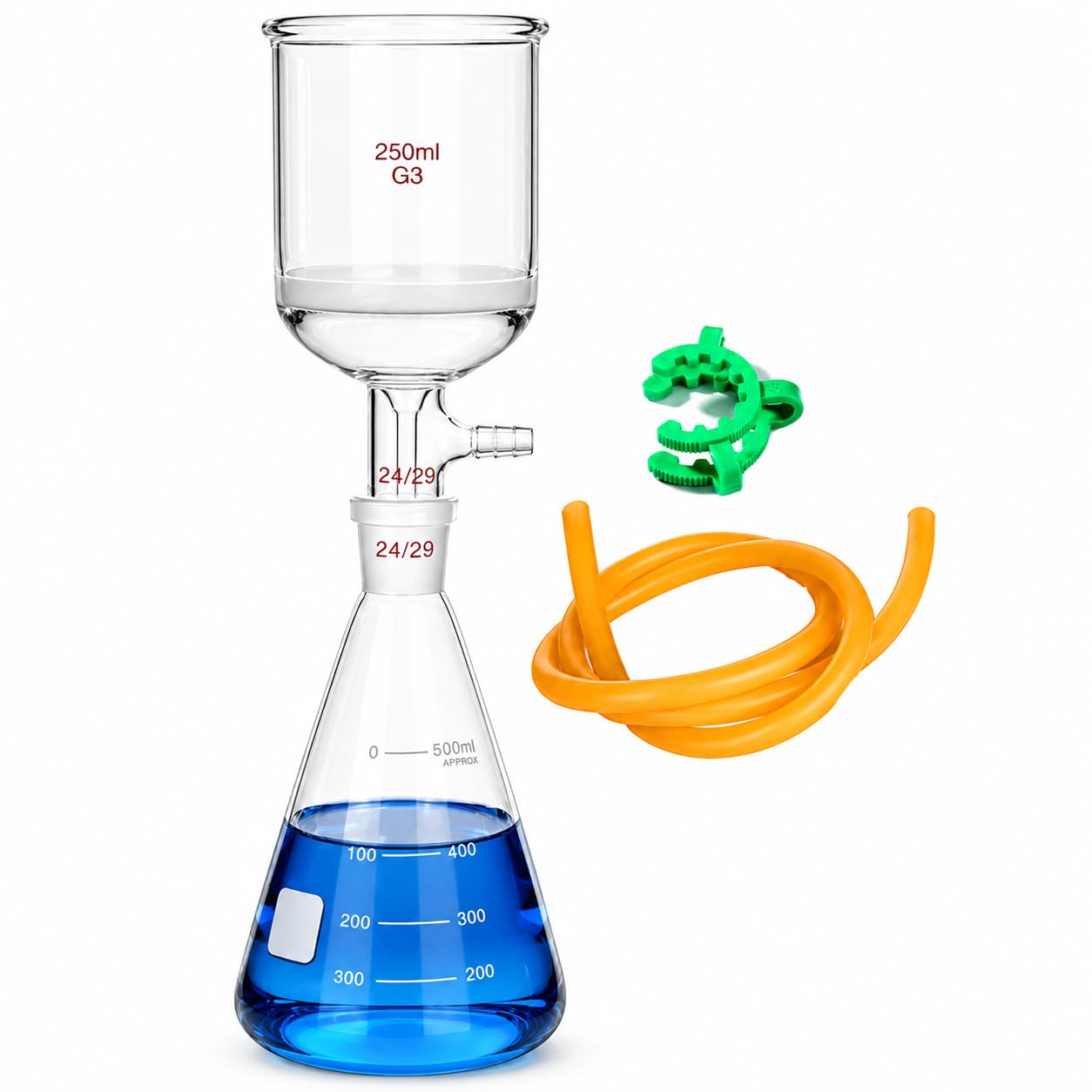 G3 Buchner Kit de filtración de embudo Aparato de destilación de filtración de vacío de laboratorio con embudo de filtración de núcleo de arena y matraz Erlenmeyer y tubo de goma (500ml)