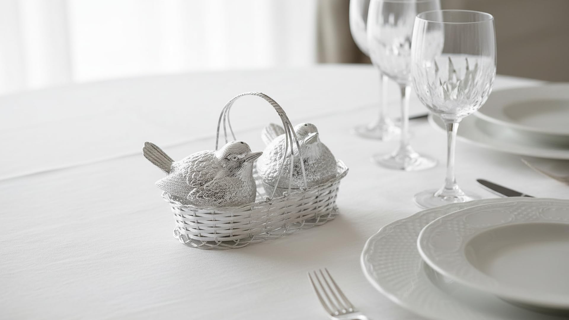 Salero y pimentero "Gorriones en la taza" plateado plateado | 14 x 8 x 11 cm | Elegante plata de mesa | Ideal como regalo