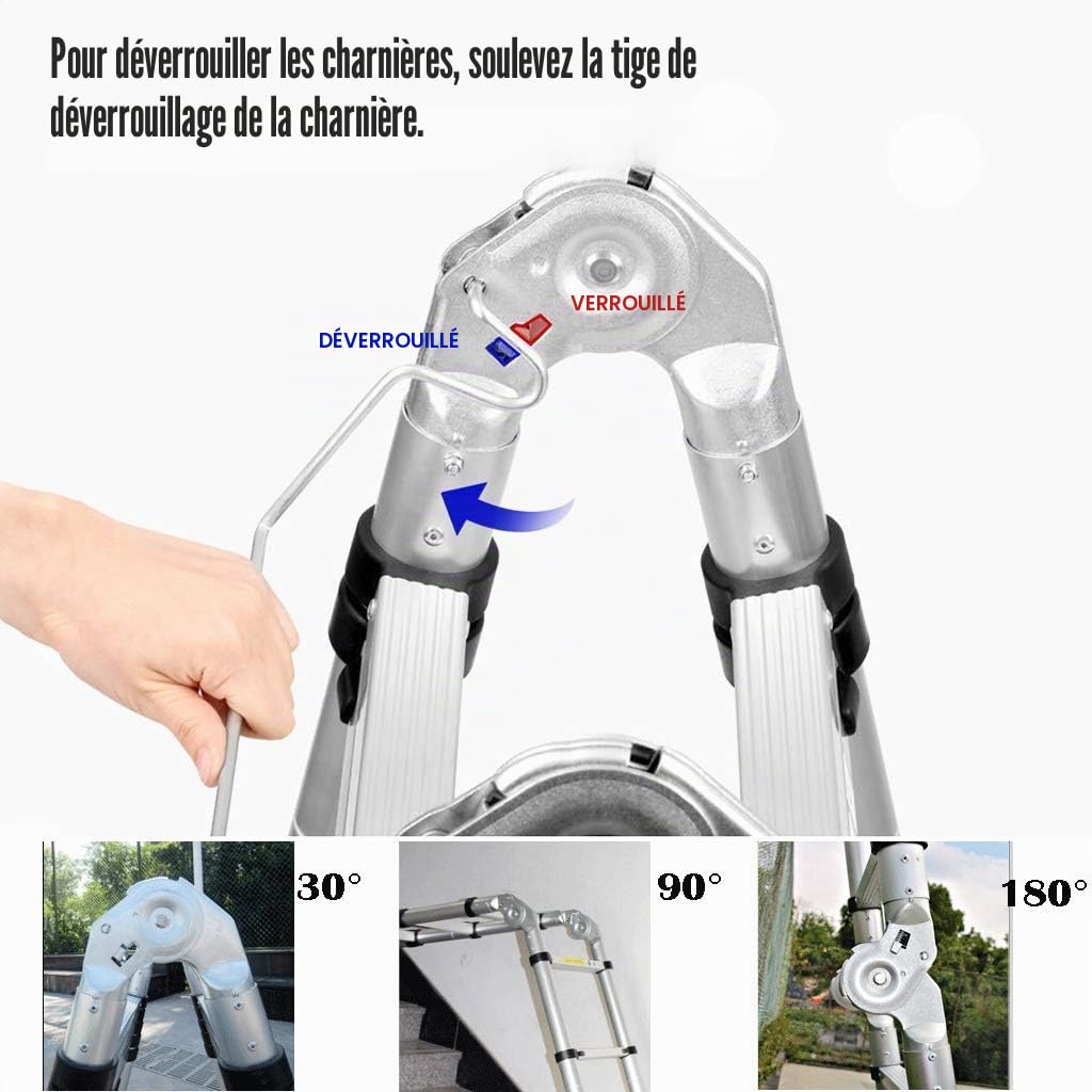 Échelle télescopique 3,8 m - en Aluminium - Échelle coulissante et Cadre A - avec Barre de Support antidérapante - Échelle Pliante antidérapante - Charge maximale : 150 kg (3,8 m/1,9 m+1,9 m)
