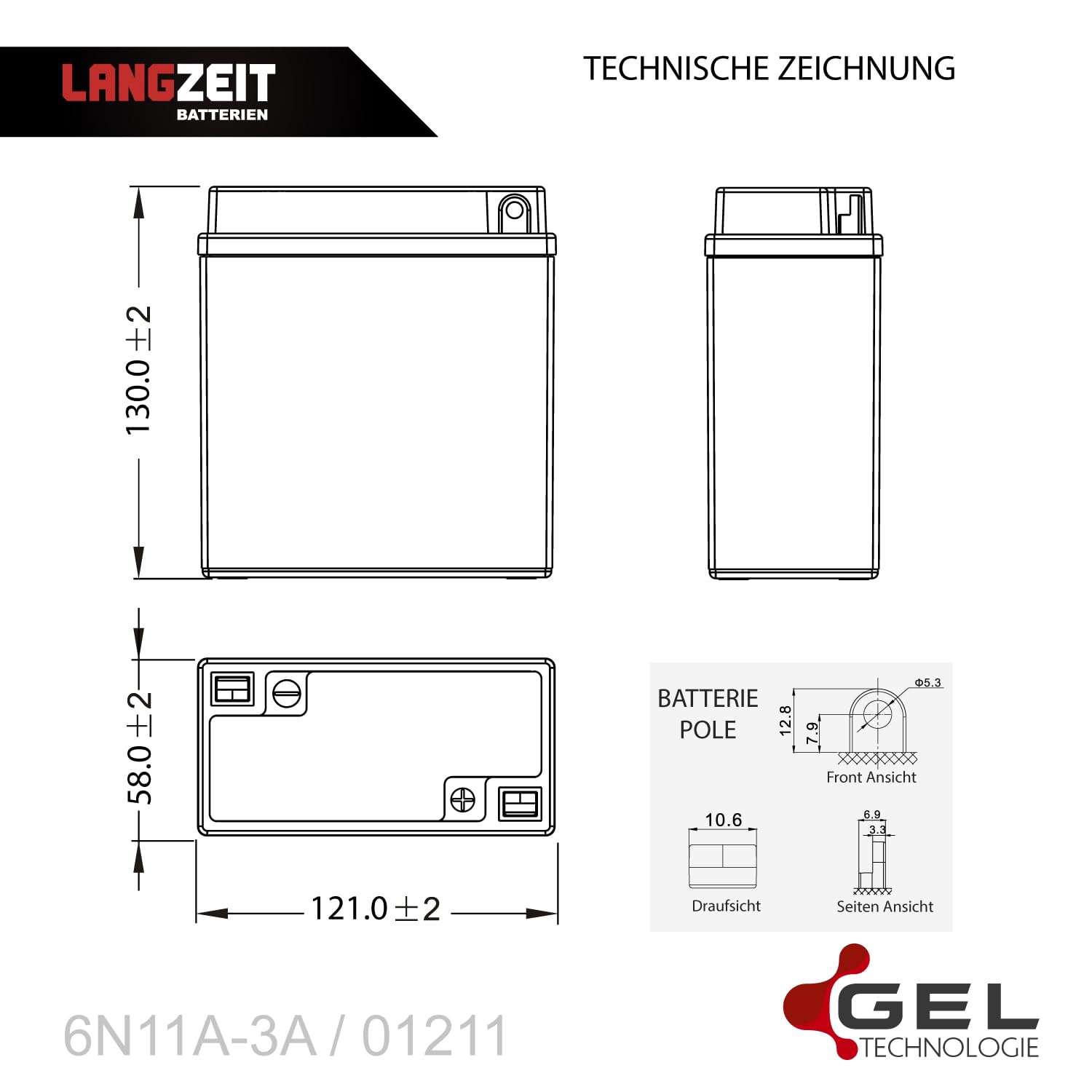 LANGZEIT 6N11A-1B Motorradbatterie GEL 6V 11Ah 110A EN 1211