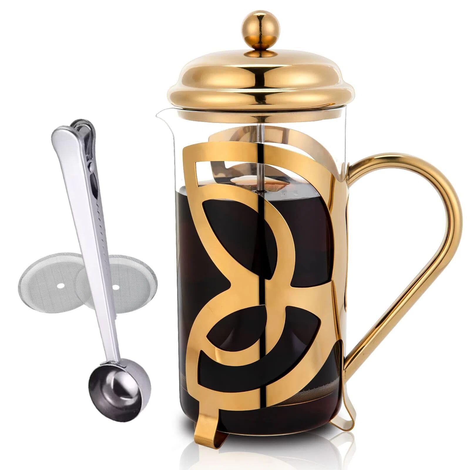 MiulyFrench Press Coffee Maker,304 Grade Stainless Steel & Heat Resistant Borosilicate Glass, (1 Liter,34OZ), Gift Set with Coffee Measuring Spoon & Two Filter Screens, Gold