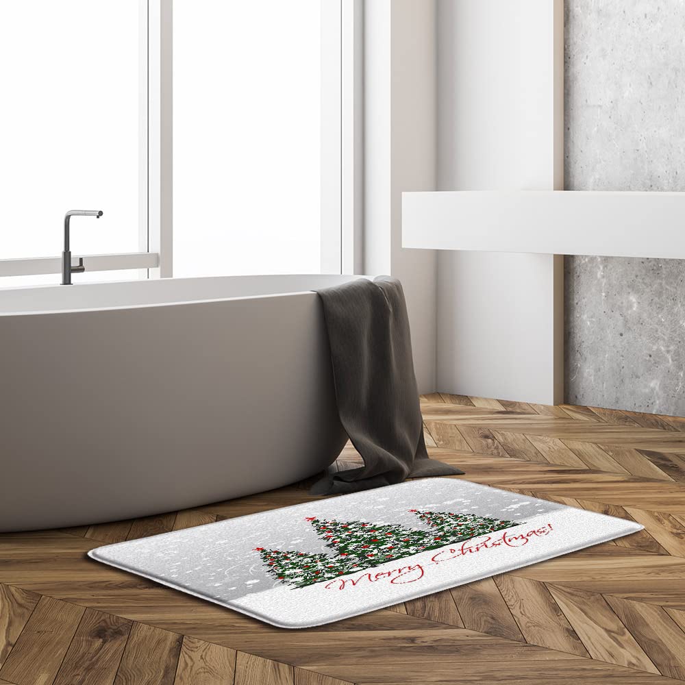 ZKJSMGS Christmas Tree Bath Mat Green Xmas Tree Winter Snow Snowflakes Pine Tree Berry Balls Red Star Holiday Featival Rustic Wild Nature Bath Rugs for Bathroom Kitchen,16x24+16x48 Inch
