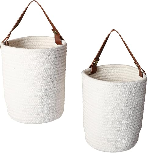 JJSQYLAN Cesta colgante (2 piezas) de cuerda de algodón tejida en la pared con cestas decorativas de cuero, organizador para cocina, oficina,