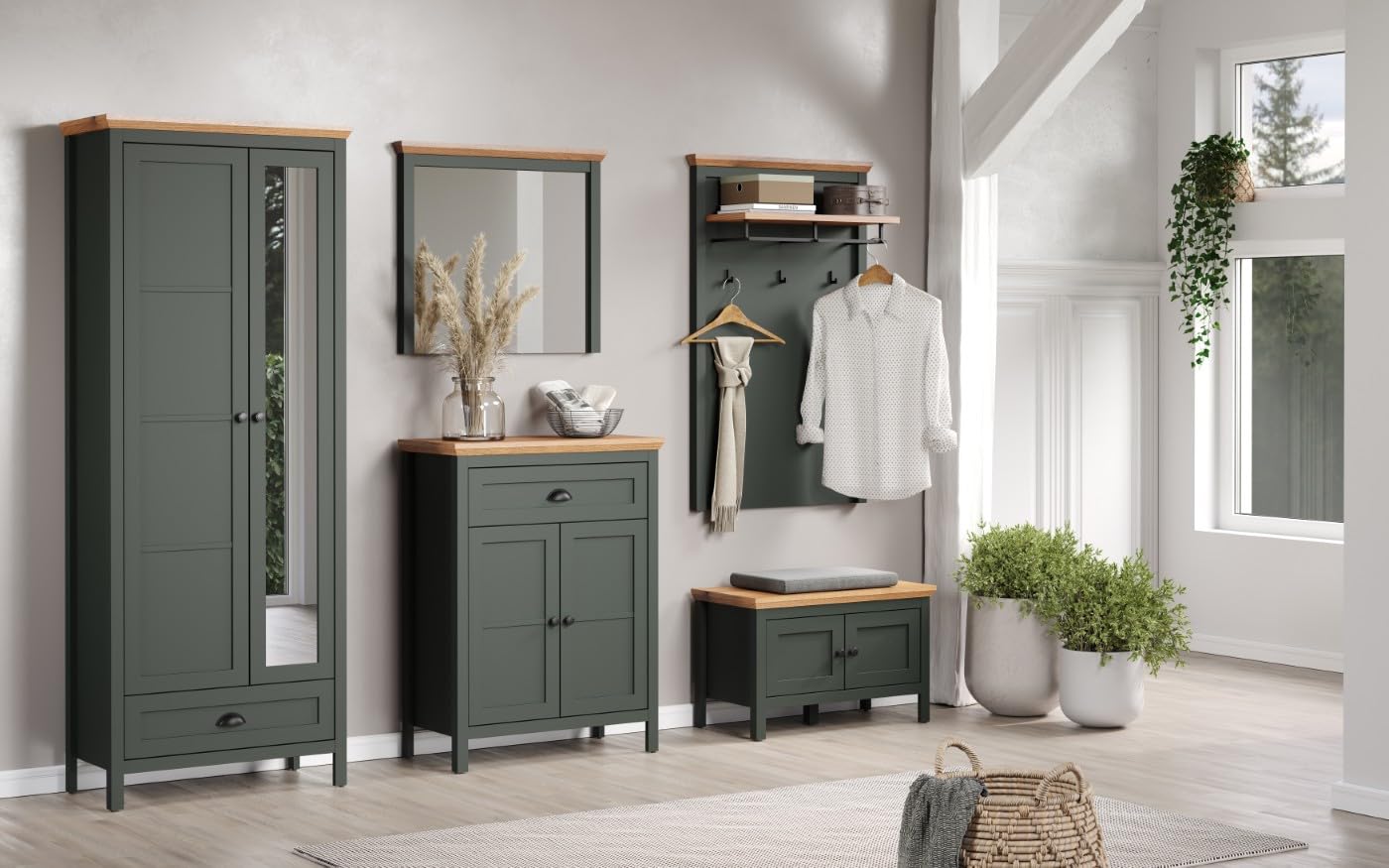 trendteam smart living - Stanton - Garderobenschrank - Tannengrün/Evoke Eiche - Flurschrank mit auziehbarer Kleiderstange - (BxHxT) 77 x 198 x 39 cm - Landhausstil