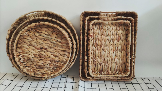 3-Piece Water Hyacinth Storage Basket Set - Hand-Woven Natural Grass Trays With Handles
