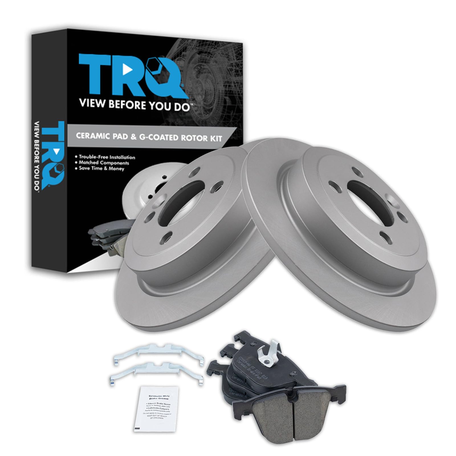 TRQ Rear Brake Pad and Rotor Set Ceramic G Coated Rotors Compatible with 2008-2010 BMW 535i 2006-2010 550i 2007-2010 650i 2004-2005 645Ci 2004-2005 545i