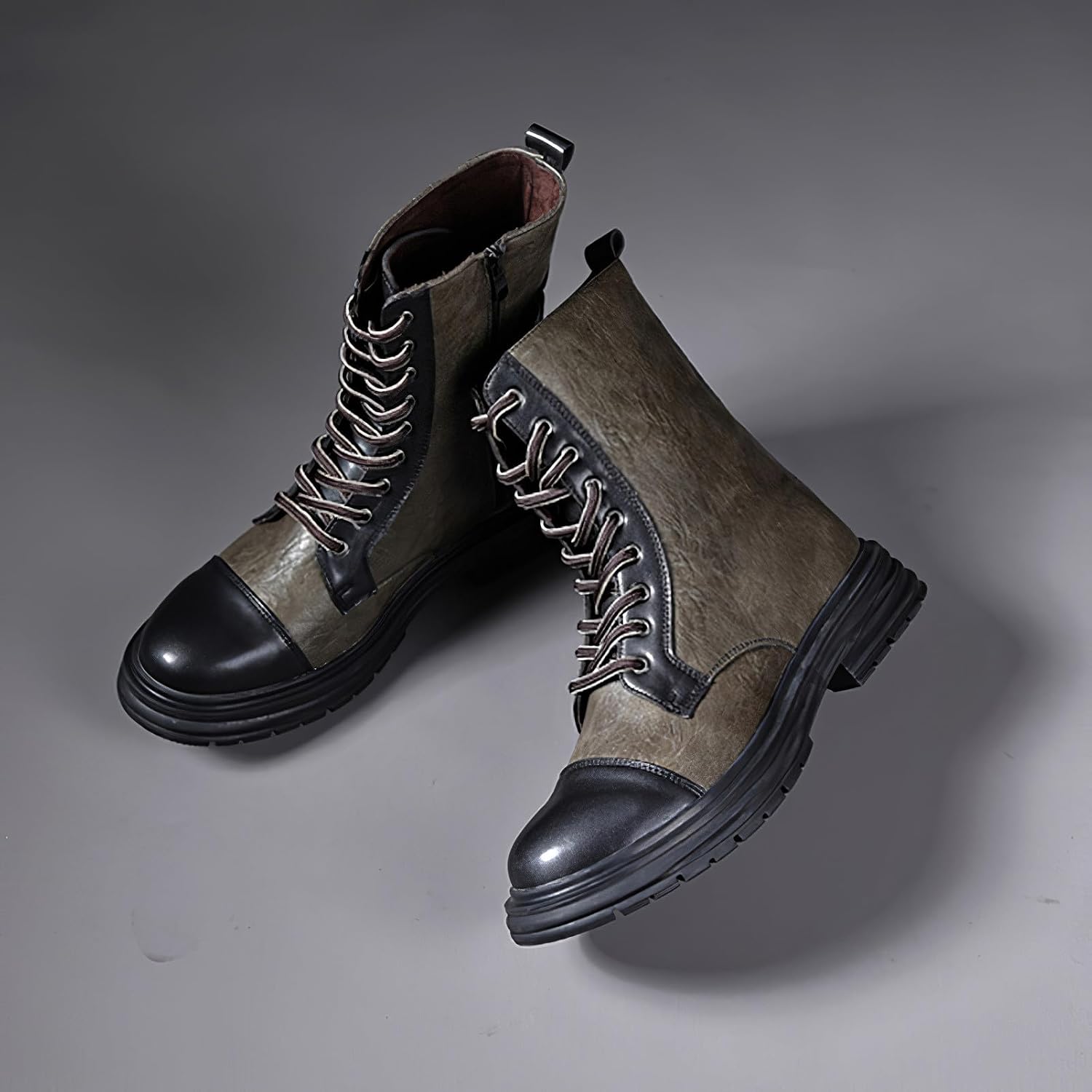 rismart Men's Motorcycle Boots PU Leather Mid Calf Casual Combat Boot with Zipper
