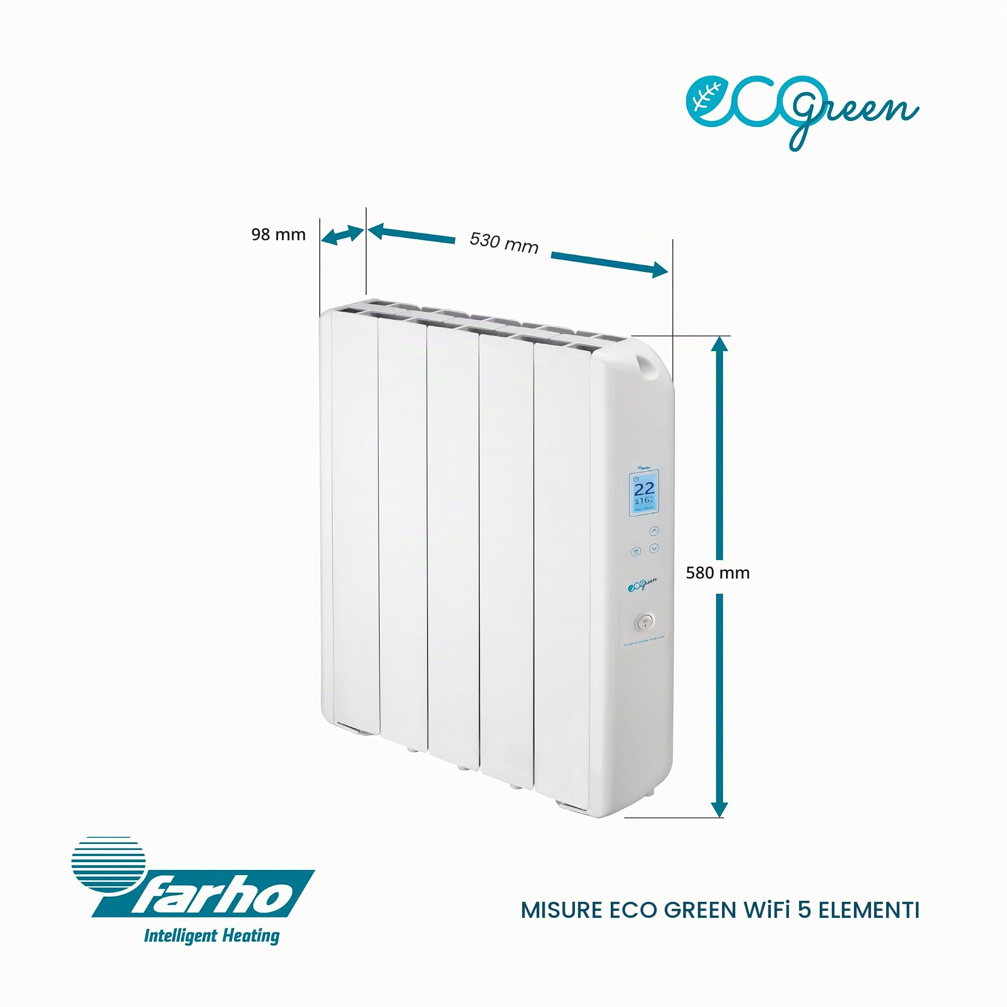 farho Riscaldamento Elettrico a Basso Consumo Eco Green 550 Watts (5) · Termosifone Elettrico con Cronotermostato Digitale 24/7 · per soggiorni a 9 m² · 10 Anni Garanzia