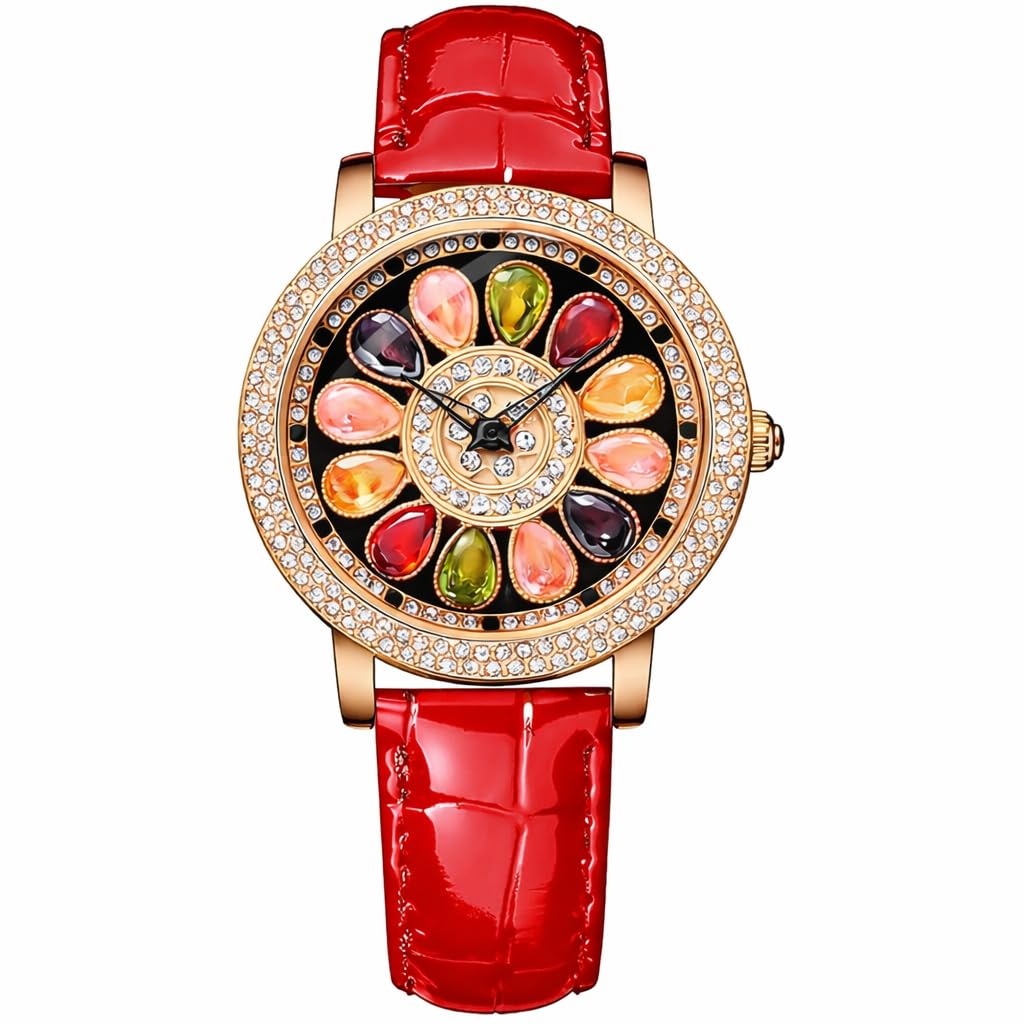 Women’s Rose Gold Crystal Watch with Multicolor Gemstone Dial, Elegant Red Leather Strap, Stylish Luxury Fashion Wrist Watch, Gift for Women and Girls, Analog Quartz Party , Birthday Anniversary Gift-image-36