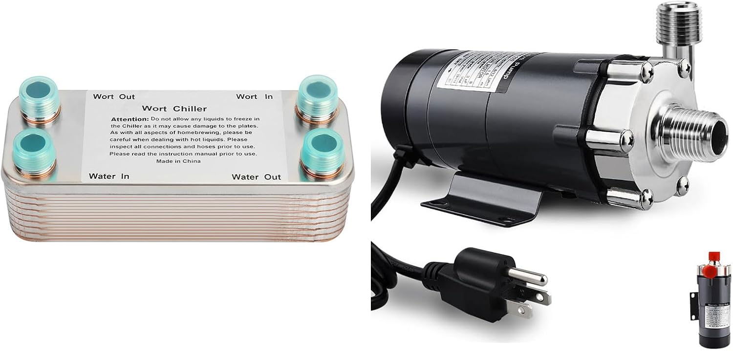 20 Plate Wort Chiller Stainless Steel Brazed Plate Heat Exchanger+ Wort Brewing Pump Beer Pump for Homebrew